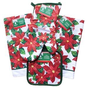 Christmas Poinsettia NEW Kitchen Linens Mitt Towel Pot Holders 5 Piece Bundle
